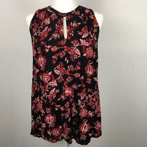 Wild Pearl Floral Tunic  Black Red Keyhole Sleeveless Pleated Cotton Viscose XS